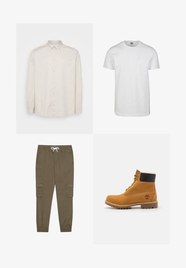 Lange mouwen overhemd met knopen in lichtbeige katoen. Heeft een klassieke kraag, volledige knoopsluiting aan de voorkant en manchetten met knopen. Glad van textuur.; Witte katoen t-shirt met ronde hals, korte mouwen en een relaxte pasvorm. Etiket zegt "URBAN CLASSICS." Glad textuur, zonder patronen of accenten.; Khaki cargobroek met een elastische tailleband en trekkoord, voorzien van zijzakken en afgeknipte enkels. Gemaakt van een gestructureerd, lichtgewicht materiaal.; Bruine leren enkellaars met metalen oogjes, witte faux bont voering, zwarte gewatteerde kraag, robuuste zool en een reliëflogo aan de zijkant.