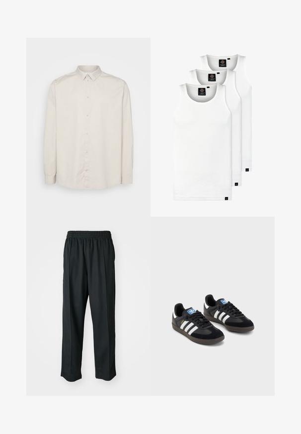 Long-sleeve button-up shirt in light beige cotton. Features a classic collar, full button front, and cuffs with buttons. Smooth texture.; Three white ribbed tank tops made of cotton. Features a crew neck and small black labels near the hem. Available in multiple sizes.; Black athletic pants with an elastic waistband, made of smooth fabric, featuring subtle side stitching and a relaxed fit, straight leg design.; Black sneakers with a suede and synthetic upper, featuring three white stripes, textured rubber sole, and blue logo tag on the tongue.