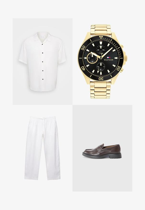 Weißes Kurzarmhemd mit einem Kragen und fünf schwarzen Knöpfen auf der Vorderseite, aus einem glatten, leichten Stoff.; Weiße, locker sitzende Hose aus leichtem Stoff. Verfügt über einen elastischen Bund mit Kordelzug und zwei Seitentaschen.; Braune Lederloafers mit glatter Oberfläche, runder Zehenpartie, minimaler Naht und dicker schwarzer Gummisohle. Kein sichtbares Zubehör oder Akzente.; Goldfarbene Metalluhr mit schwarzem Ziffernblatt, leuchtenden Markierungen und drei Unterzifferblättern. Sie verfügt über ein strukturiertes Armband und das "HILFIGER"-Logo in der Mitte.; Goldene Kreuzohrringe mit glatter Oberfläche und hängender Schlaufe, die ein einfaches, längliches Design aufweisen. Jedes Kreuz hat eine einheitliche Größe.