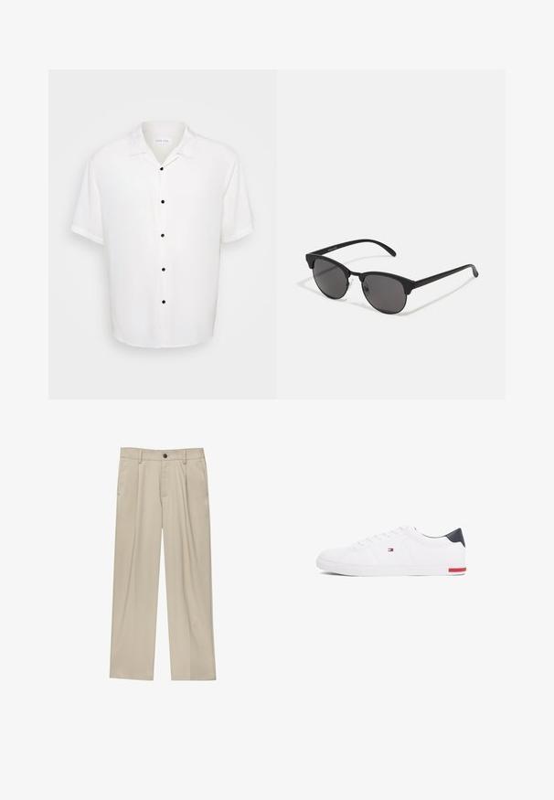 Witte shirt met korte mouwen met een kraag en vijf zwarte knopen aan de voorkant, gemaakt van een gladde, lichte stof.; Beige broek met een rechte snit, voorzien van een enkele zwarte knoop, riemlussen en zijzakken. Glad stoffen textuur en een minimalistisch ontwerp.; Witte lage sneakers gemaakt van glad leer. Beschikt over een marineblauwe hielkap en een rode accent op de zool. Zes oogjes voor veters.; Zwarte zonnebril met ronde lenzen, matte afwerking en een kenmerkende cat-eye vorm. Slanke armen met subtiele branding op de linkertempel.