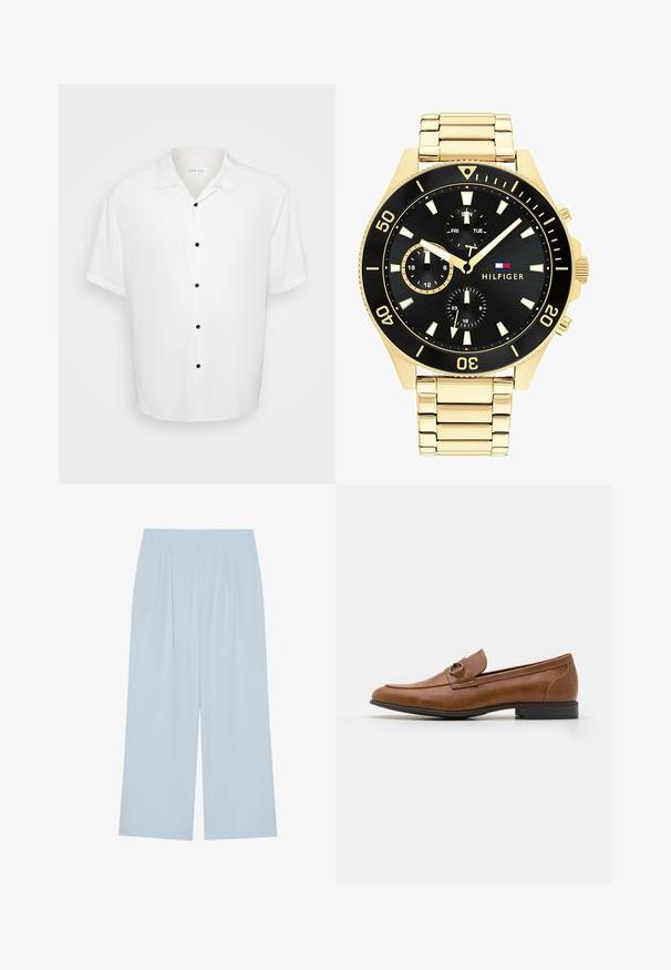 Bílá košile s krátkým rukávem a límečkem, která má vpředu pět černých knoflíků a je z hladkého, lehkého materiálu.; Světlemodré široké kalhoty vyrobené z hladkého materiálu, s předními skladbami a elastickým pasem pro pohodlí.; Hnědé kožené mokasíny s plochým podpatkem, s dekoračním kovovým akcentem na přední části, elegantním designem a hladkou texturou.; Zlatý hodinový stroj s černým ciferníkem, luminiscenčními značkami a třemi sub-ciferníky. Vybaven texturovaným páskem a logem "HILFIGER" uprostřed.