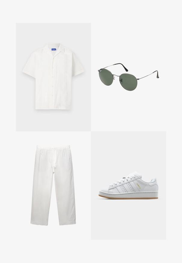 Weißes Kurzarmhemd mit Knopfverschluss, das komplizierte Muster an der Vorderseite und ein klassisches Kragendesign aufweist.; Weißes Baumwoll-T-Shirt mit kurzen Ärmeln, Rundhalsausschnitt und lässigem Schnitt. Glatte Textur ohne sichtbare Muster oder Akzente.; Weiße Leinenhose mit elastischem Bund und Kordelzug, weitem Bein-Design und sauberen Nähten. Glatte Textur mit lässiger Passform.; Weiße Sneaker mit durchbrochenem Drei-Streifen-Design, strukturierten Akzenten, einer Gummisohle und dem goldenen "CAMPUS"-Logo an der Seite.; Metallgestellte Sonnenbrille mit ovalen grünen Gläsern. Dünner silberner Metallrahmen und schwarze Ohrstücke. Minimalistisches Design, keine sichtbaren Logos.