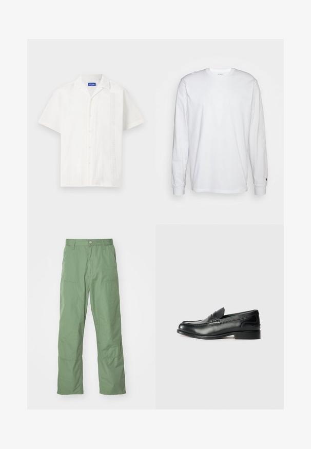 Camicetta bianca a maniche corte con chiusura a bottoni, con motivi intricati sul davanti e un classico design del colletto.; T-shirt bianca a maniche lunghe realizzata in cotone. Design con collo rotondo, polsini a costine e un piccolo logo sulla manica sinistra. Texture liscia.; Pantaloni verdi chiaro, dal taglio morbido, caratterizzati da una superficie liscia, con tasche laterali e dettagli di cucitura in vista. A lunghezza intera con un design a gamba dritta.; Mocassini in pelle nera con finitura liscia, dettagli cuciti sulla parte superiore e tacco leggermente rialzato.