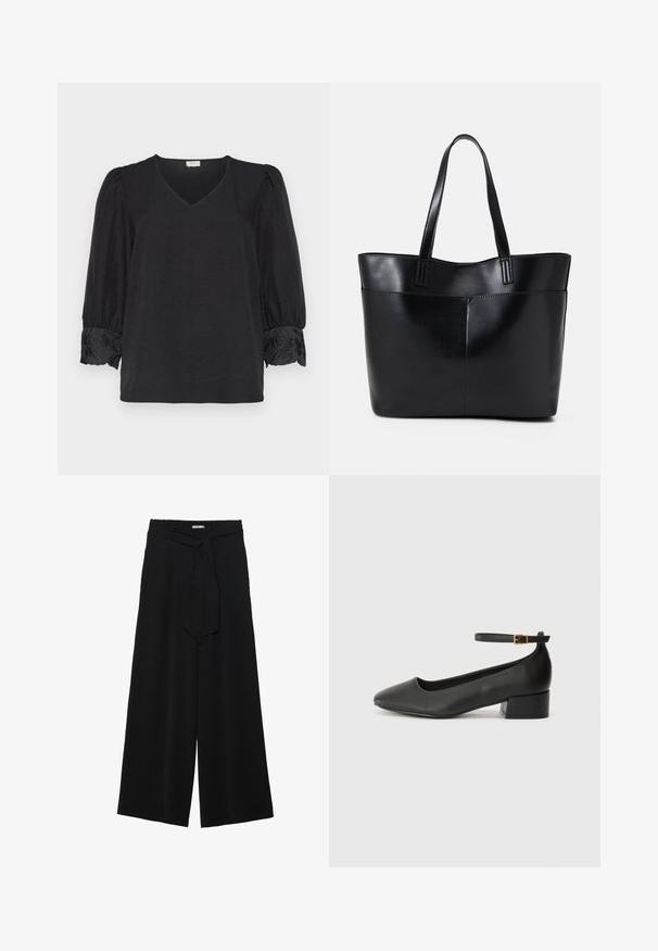 Schwarze Bluse mit V-Ausschnitt und dreiviertellangen Puffärmeln. Verziert mit gestickten Details an den Manschetten. Weicher, strukturierter Stoff.; Schwarze weite Hosen aus strukturiertem Stoff, mit elastischem Bund und einem abnehmbaren Bindegürtel in der Taille für eine verstellbare Passform.; Schwarze Lederpumps mit spitzem Zehenbereich und niedrigem Blockabsatz. Mit einem Knöchelriemen und einer goldfarbenen Schnalle. Glatte Textur.; Schwarze Leder-Shopper-Tasche mit zwei langen Griffen, einer glatten Textur und einer strukturierten Form. Verfügt über eine Vordertasche für zusätzlichen Stauraum.