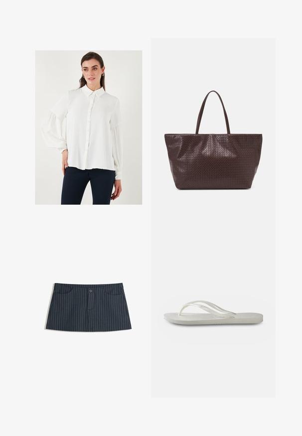 Witte blouse met lange mouwen, knoopsluiting aan de voorkant, kraag en gathered elastische manchetten. Glad stof en vloeiende uitstraling.; Marineblauwe minirok met een streeppatroon, voorzien van voorzakken en een enkele knoopsluiting in de taille.; Witte flip-flops met een gestructureerde zool, featuring dunne bandjes en een vlak ontwerp. Gemaakt van rubber met een subtiel logo op de voetbed.; Bruine gevlochten leren tote bag met twee handvatten, een gestructureerde vorm en een getextureerd oppervlak, met een diamantpatroon overal.