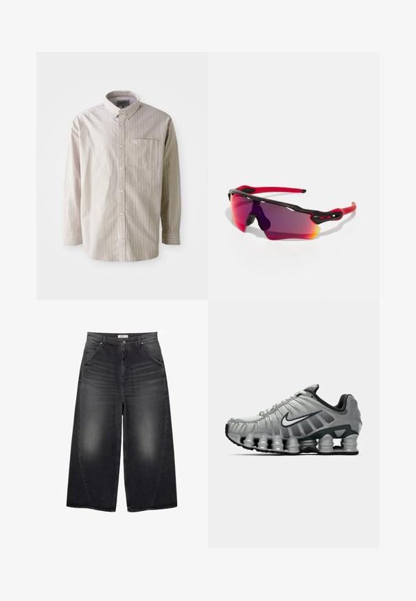 Helle beige Knopfhemd mit vertikalen weißen Streifen, langen Ärmeln und einer Brusttasche; aus Baumwolle mit einer glatten Textur gefertigt.; Weißes Baumwoll-Trägershirt mit Rundhalsausschnitt, breiten Trägern und geradem Saum, das eine glatte Textur aufweist und keine sichtbaren Muster hat.; PULL&BEAR MEGA BAGGY - Baggy Jeans - black; Grauer und schwarzer Nike-Laufschuh mit sichtbarer federähnlicher Dämpfung unter der Sohle und einem weißen Swoosh-Logo an der Seite.; Oakley RADAR PATH UNISEX - Sonnenbrille - 100t matte black