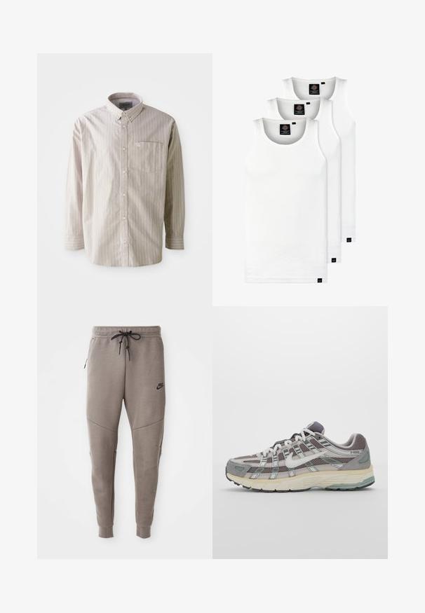 Ανοιχτό μπεζ πουκάμισο με κάθετες λευκές ρίγες, μακριά μανίκια και τσέπη στο στήθος; φτιαγμένο από βαμβάκι με λεία υφή.; Τρία λευκά ριμπ μπλουζάκια από βαμβάκι. Διαθέτουν στρογγυλή λαιμόκοψη και μικρές μαύρες ετικέτες κοντά στο στρίφωμα. Διαθέσιμα σε πολλές μεγεθύνσεις.; Γκρίζα φόρμα Nike με κορδόνι στη μέση, στενές γάμπες, πλαϊνές τσέπες και ιδιαίτερες ραφές. Μαλακό, υφασμάτινο υλικό.; Γκρίζο αθλητικό παπούτσι με επάνω μέρος από δίχτυ και σουέτ, λευκές λεπτομέρειες, απορροφητική σόλα και ξεχωριστό σχέδιο με ανακλαστικά στοιχεία.