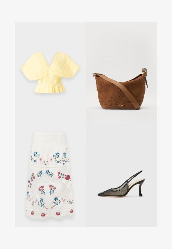 Sea ZORA SOLID PLEATED - Blusa - butter; Falda blanca plisada con bordado floral colorido en azul, rosa y rojo. Un borde de encaje con forma de ola añade una textura detallada en el dobladillo.; Zapato de tacón alto negro con tira trasera, que presenta una punta afilada, detalles de malla y una puntera de cuero suave. Los colores incluyen negro y acentos en beige.; Bolso de hombro de ante marrón con diseño floral en relieve, complementado por una correa de cuero marrón suave y acentos de herrajes en tono dorado.