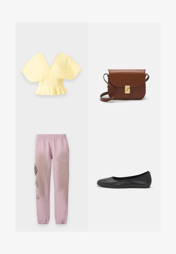 Sea ZORA SOLID PLEATED - Bluse - butter; Weißes kurzärmliges T-Shirt aus geripptem Stoff. Runder Halsausschnitt, normale Passform und dezente Nähte. Keine Muster oder Grafiken.; Rosa Sweatpants mit elastischem Bund, verziert mit dekorativen Patches in Diamantform auf der linken Seite und elastischen Bündchen an den Knöcheln.; Schwarze Leder-Ballettschuhe mit abgerundeter Spitze, glatter Textur, minimalen Nähdetails und einem flexiblen Sohlen-Design.; Braune Ledertasche mit Klappenverschluss, Beschlägen in Goldfarbe, einem Schultergurt und einer glatten Oberfläche. Kompakte rechteckige Form.