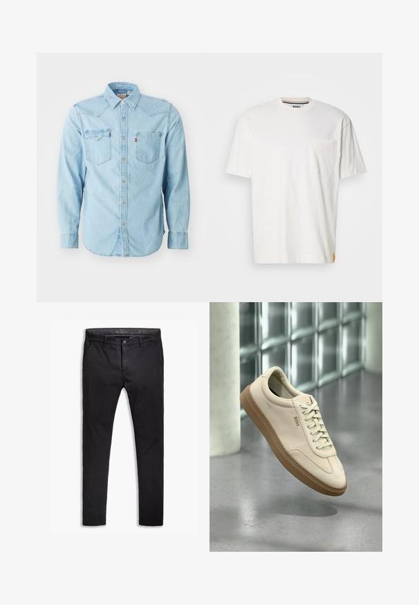 Vaaleansininen farkkupaita pitkillä hihoilla, jossa on terävä kaulus, kaksi rintataskua, hopeiset nepparit ja kontrastivärinen ommel. Sileä pinta.; Valkoinen puuvillapaita, jossa on pyöreä kaula-aukko, lyhyet hihat ja vasemmalla rintatasku. Paidan sivusaumassa on pieni logotägi.; Musta puuvillainen chinos-housut tapered-fit -mallilla, viidellä taskulla, vyölenkeillä ja sileällä pinnalla. Vetoketjukiinnitys nappisuljennalla.; Vaaleanbeige mokkanahkainen tennari kumipohjalla, näyttävillä nauhoilla ja hillityillä ompeluilla. Siisti muotoilu minimalistisella estetiikalla.