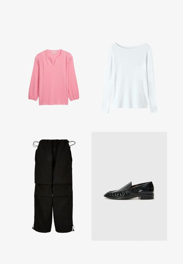 Blouse rose à manches longues avec des rayures blanches verticales, décolleté en V et manches bouffantes. Fabriquée en tissu léger avec une texture lisse.; Chemise blanche à manches longues avec un col rond et une texture douce et lisse. Design simple, sans motifs ni accents. Coupe standard.; Pantalons noirs en tissu léger, dotés d'une taille ajustable et d'ourlets avec cordon de serrage. Conçus avec une coupe ample et surdimensionnée, ils possèdent plusieurs poches.; Billi Bi Mocassins - black