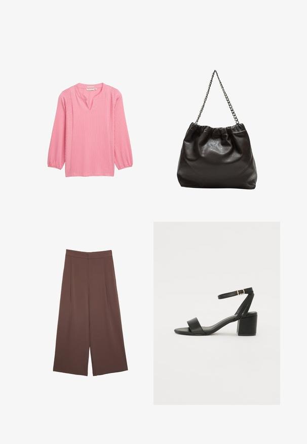 Pink long-sleeve blouse with vertical white stripes, V-neckline, and puffed sleeves. Made from lightweight fabric with a smooth texture.; Brown wide-leg trousers with a smooth texture, featuring a high waist and front pleats. The fabric is lightweight and flows loosely.; Black heeled sandal featuring a smooth leather upper, an open toe, wide front straps, and adjustable ankle strap with a gold buckle detail.; Brown leather bag with a gathered top and a chain strap. Smooth texture with a glossy finish and subtle seam detailing on the sides.