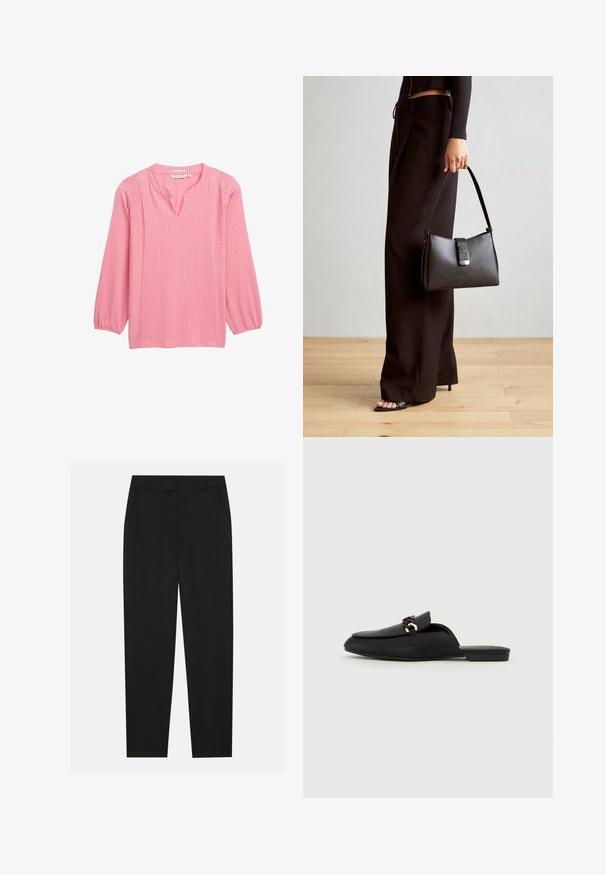 Roze blouse met lange mouwen, verticale witte strepen, V-hals en poffende mouwen. Gemaakt van lichtgewicht stof met een gladde textuur.; Zwarte broek met een tailormade ontwerp, voorzien van zijzakken en een rechte pijp. Gemaakt van een soepele, lichte stof met een strakke afwerking.; Zwarte instap schoen van soepel leer. Heeft een ronde neus, een decoratieve geweven band en een klein gouden accent. Platte zool.; Zwarte handtas met gestructureerde vorm, gladde textuur en een metalen sluiting. Gecombineerd met brede zwarte broeken en sandalen met open teen op een houten vloer.