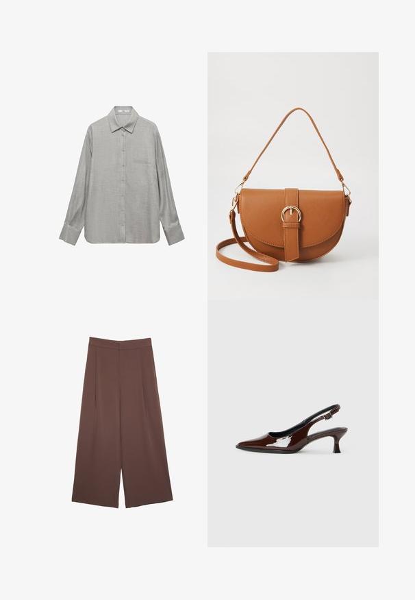 Mango Blúzka so zapínaním na gombíky - mottled light grey; Hnedé nohavice so širokými nohavicami a hladkou textúrou, s vysokým pásom a prednými skladmi. Tkanina je ľahká a voľne sa pohybuje.; Hnedá lakovaná slingback obuv s špicatou špičkou a mierne vysokým opätkom. Obsahuje pracku pre bezpečné upevnenie. Hladká textúra.; Hnedá kožená kabelka cez telo s zakriveným tvarom, zlatými kovovými doplnkami a akcentom s prackou. Obsahuje odnímateľný ramenný popruh.