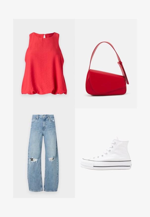 Red sleeveless top with a round neckline and a keyhole back. Made of lightweight fabric, featuring a flowing, loose fit and soft texture.; Light blue, high-waisted jeans made of denim. Feature wide legs, two torn knee areas, and classic five-pocket styling.; White high-top canvas sneaker with black rubber sole, front rubber toe cap, and six eyelets for laces, featuring a clean, minimalist design.; Red leather handbag with an angular, geometric design. Features a single adjustable strap and a flap closure with stitched detailing.