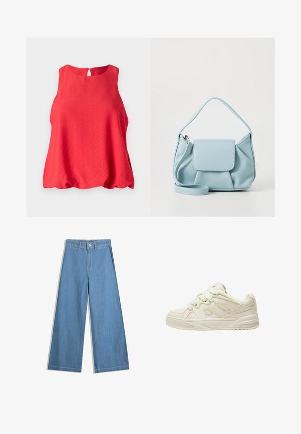 Piros ujjatlan felső, kerek nyakkivágással és kulcslyuk hátú dizájnnal. Könnyű anyagból készült, laza, lengedező szabású és puha tapintású.; Világoskék, laza szárú farmernadrág, gombos záródással, övpántokkal és diszkrét varrási részletekkel.; Beige sportcipők texturált felsőrészsel, kiemelkedő fűzőkkel, hálós panelek felfogott felsőrészen és vastag talppal. Ívelt dizájn párnázott bokarésszel a kényelem érdekében.; Világoskék bőrtáska, felső fogantyúval, elülső fedélzsebkémmel és levehető csuklószíjjal, fehér háttér előtt.