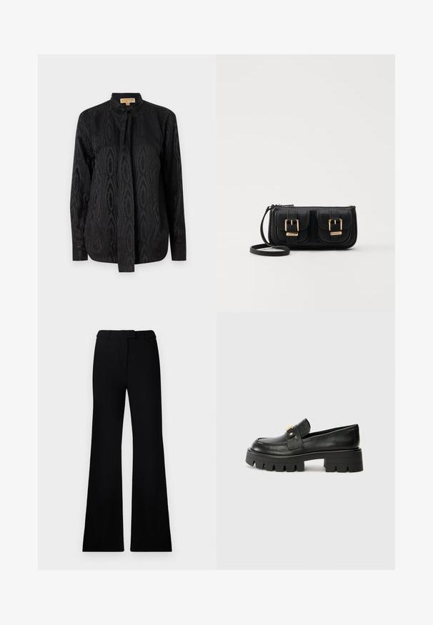 Blouse noire en tissu lisse, présentant un motif ton sur ton subtil, des manches longues, un col montant et une fermeture à nouer au cou.; Pantalons évasés noirs avec une texture lisse, une taille cintrée et des poches avant, conçus avec une silhouette moderne et élégante.; Mocassins en cuir noir avec une semelle épaisse, présentant un accent doré à l'avant et une finition lisse. Design à crampons épais sur la semelle.; Sac en cuir noir porté en travers avec deux poches avant, boucles dorées, fermeture zippée et une sangle fine. Surface texturée et forme rectangulaire compacte.