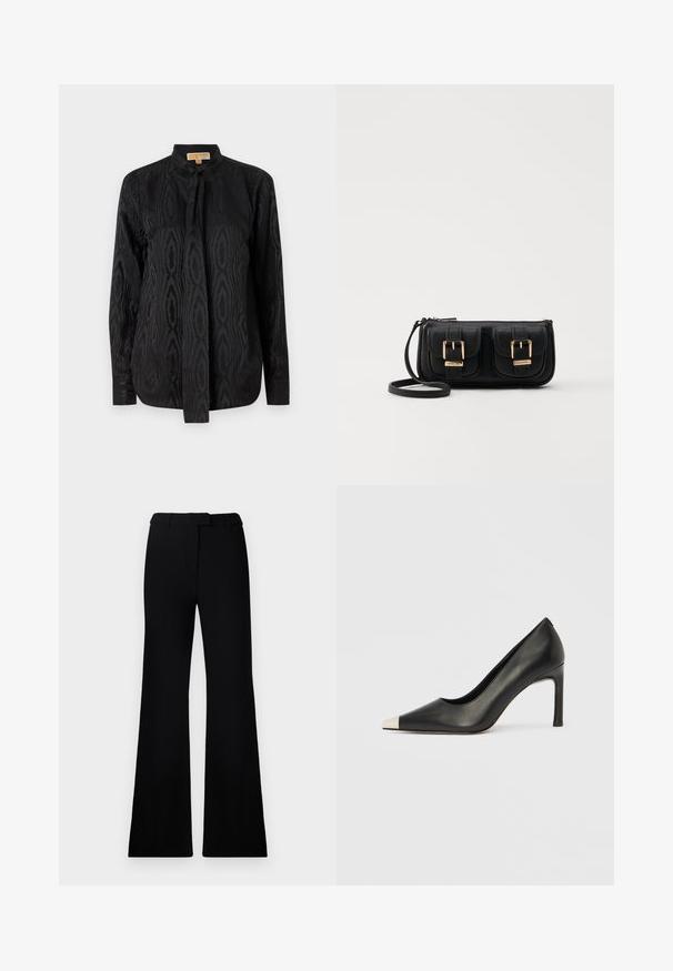 Black blouse made of smooth fabric, featuring a subtle tonal pattern, long sleeves, a stand-up collar, and a tie closure at the neck.; Black flared pants featuring a smooth texture, tailored waistband, and front pockets, designed with a sleek, modern silhouette.; Black leather high heel shoe with a pointed toe and a metallic silver cap. Features a smooth finish and a slender 10 cm heel.; Black leather crossbody bag with two front pockets, gold buckles, zipper closure, and a slim strap. Textured surface and compact rectangular shape.