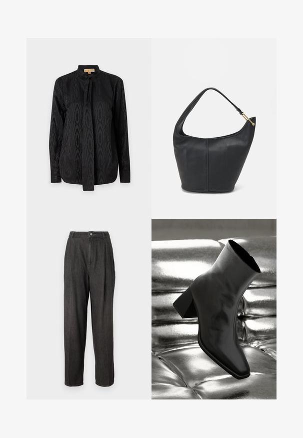 Black blouse made of smooth fabric, featuring a subtle tonal pattern, long sleeves, a stand-up collar, and a tie closure at the neck.; Dark grey denim trousers with a high waist, pleats at the front, straight legs, and a single button closure at the waistband.; Black ankle boot made of glossy material with a square toe and tapered heel, set against a shiny silver tufted background.; Black leather handbag with a rounded shape, a wide strap, and a textured finish. Features a subtle seam detail and a gold-tone hardware accent.