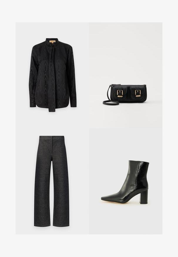Black blouse made of smooth fabric, featuring a subtle tonal pattern, long sleeves, a stand-up collar, and a tie closure at the neck.; Wide-leg trousers in black denim. Features a textured finish with a clean waistband and no visible hardware or pockets.; Black ankle boot made of glossy leather with a pointed toe and a chunky, square heel. Features a smooth texture and minimalistic design.; Black leather crossbody bag with two front pockets, gold buckles, zipper closure, and a slim strap. Textured surface and compact rectangular shape.