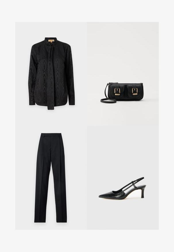 Sort bluse lavet af glat stof, med et subtilt tonalt mønster, lange ærmer, en opretstående krave og en sløjfe lukning ved halsen.; Sorte bukser lavet af glat stof, der har høj talje, brede ben, frontfolder og klassiske bælteløkker. Ingen synlige sidelommer.; Sorte patent slingback hæl med spids tå, prydet med tekstureret slangeskindsmønster, justerbar rem og en kort, tekstureret blokhæl.; Sort læder crossbody taske med to frontlommer, guldspænder, lynlåslukning og en slank rem. Struktureret overflade og kompakt rektangulær form.