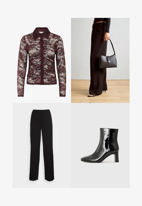 Bordeaux kantblouse met lange mouwen, met een kraagdecolleté, knoopsluiting en een bloemmotief met geplooide details.; Zwarte broek met een recht model, een gladde textuur en een aansluitende tailleband. Bevat voorzakken en een minimale stikselafwerking.; Zwarte gepolijste leren enkellaars met een spitse neus en een blokhak van gemiddelde hoogte. Glad textuur en minimalistisch ontwerp.; Zwarte handtas met gestructureerde vorm, gladde textuur en een metalen sluiting. Gecombineerd met brede zwarte broeken en sandalen met open teen op een houten vloer.