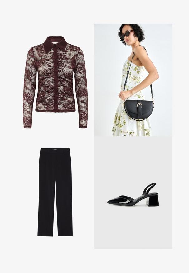 Bordová čipková blúzka s dlhými rukávmi, ktorá má límec, zapínanie na gombíky a kvetinový vzor s nariasením.; Čierne kordové nohavice so rovný strihom, s plochým pásom a bez viditeľných vreciek, hladkou textúrou a podrobnosťou vertikálneho ryhovania.; Čierne lakované kožené sandálové podpätky s špicatou špičkou a geometrickým blokovým podpätkom. Disponujú elegantným, minimalistickým dizajnom a hladkým povrchom.; Čierna kožená kabelka s zaobleným tvarom, odnímateľným popruhom a zlatými doplnkami. Kabelka má klopu s detailom s prackou.