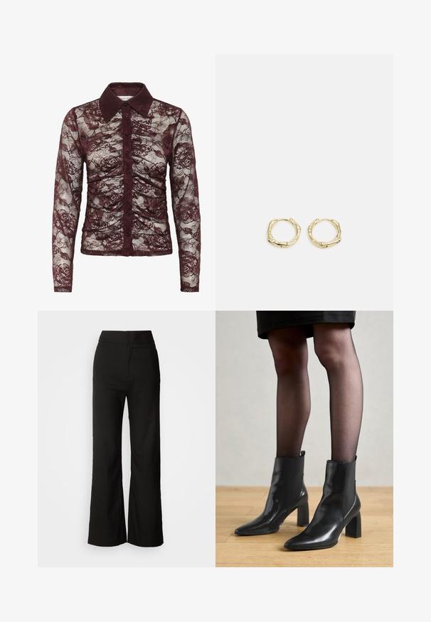 Burgundy lace blouse with long sleeves, featuring a collared neckline, button closure, and floral pattern with gathered detailing.; Black wide-leg trousers with a smooth texture, high waist, and a clean design. No visible pockets or embellishments.; Black leather ankle boots with a pointed toe, chunky square heel, and sleek design. Features elastic side panels for easy wear.; Gold hoop earrings with a textured, irregular shape. Features a seamless closure and a polished surface finish, emphasizing a modern design.