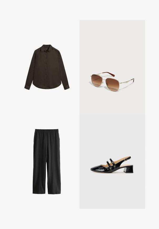 Hnědá košile s dlouhým rukávem a klasickým límečkem, hladká textura, zakřivený lem a tmavé knoflíky. Vyrobena z lehkého materiálu.; Černé kalhoty po kolena vyrobené z lehké tkaniny. Elastický pas a hladká textura se střihem rovného nohavice. Žádné viditelné detaily ani vzory.; Černá lakovaná slingback obuv s špičatou špičkou, dvěma popruhy, zlatými kruhovými detaily a nízkým blokovým podpatkem.; Sluneční brýle se zlatým kovovým rámem a gradientními hnědými skly. Mají jedinečný geometrický tvar a hnědé akcenty na stranách. Lehký design.; Černá kožená crossbody taška s texturovaným povrchem, zlatým řetězovým popruhem a malou visačkou. Na přední straně se nachází výrazné logo.