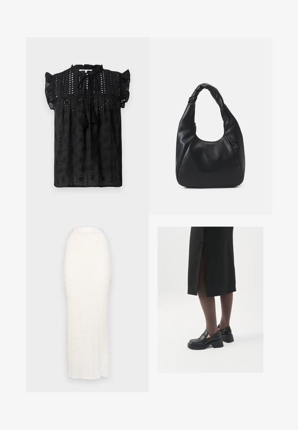 Black, short-sleeve blouse with gathered neckline, lace detailing, and tassel accents. Features embroidered patterns and textured fabric.; Gina Tricot STRUCTURE MAXI SKIRT - Maxi skirt - white; Black leather shoes with a rounded toe, thick block heel, and elastic side accents, paired with dark tights and a black skirt with a slit.; Black hobo bag made of smooth leather-like material with a twisted handle, featuring a soft, rounded shape and a top zipper closure.
