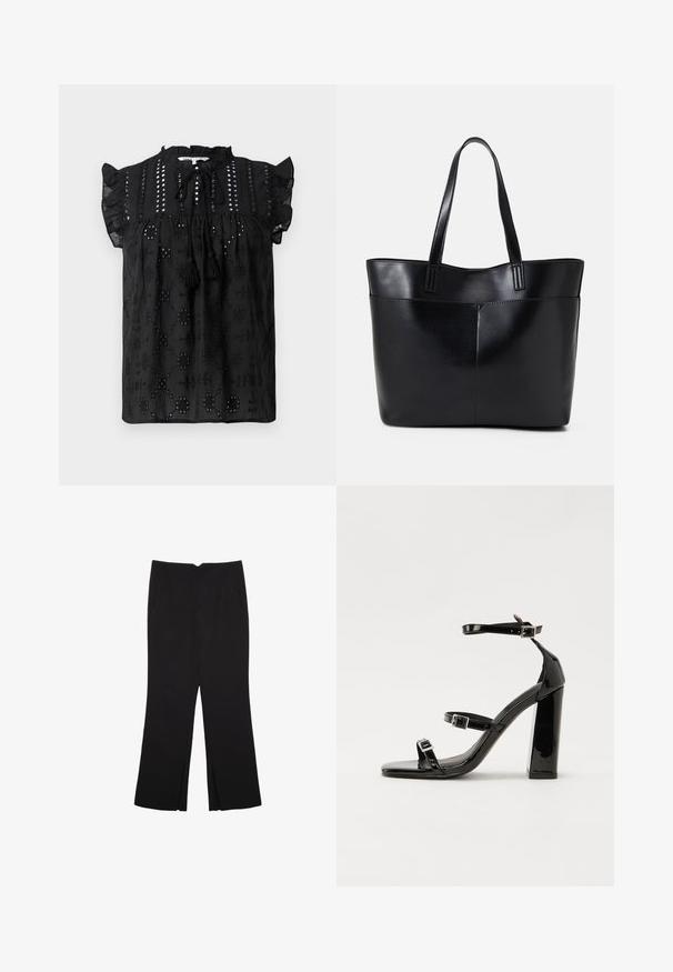 Sort, kortærmet bluse med samlet halsudskæring, blonder detaljer og frynse accenter. Har broderede mønstre og struktureret stof.; Sorte bukser med lige pasform, der har frontlommer og slidser i kanten. Lavet af blødt, glat stof. Velegnet til forskellige anledninger.; Sorte patenterede hælsandaler med firkantet tå, ankelremme og sølvspænder. Har en chunky blokHæl for stabilitet.; Sort læder tote taske med to lange håndtag, en glat tekstur og en struktureret form. Har en forlommem for ekstra opbevaring.