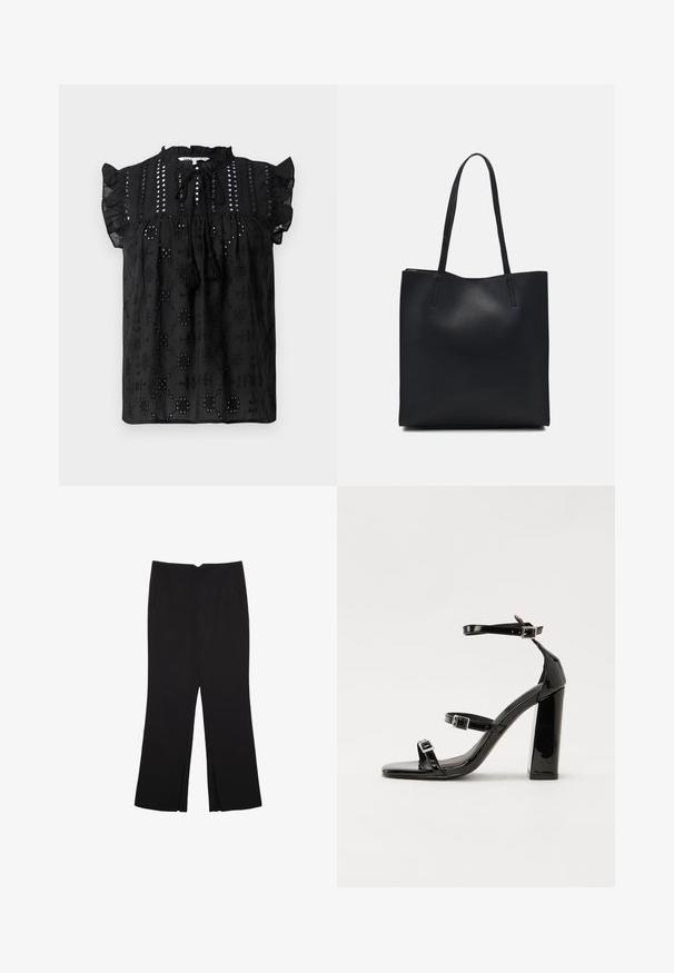 Blusa nera a maniche corte con scollo arricciato, dettagli in pizzo e accenti con frange. Presenta motivi ricamati e tessuto texturizzato.; Pantaloni neri a gamba dritta, con tasche frontali e spacchi laterali all'orlo. Realizzati in tessuto morbido e liscio. Adatti a diverse occasioni.; Sandali con tacco in vernice nera, con punta squadrata, cinturini alla caviglia e fibbie in argento. Presentano un tacco a blocco spesso per maggiore stabilità.; Borsa tote in pelle nera con texture liscia, forma rettangolare e due manici lunghi. Nessun hardware o decorazione visibile.