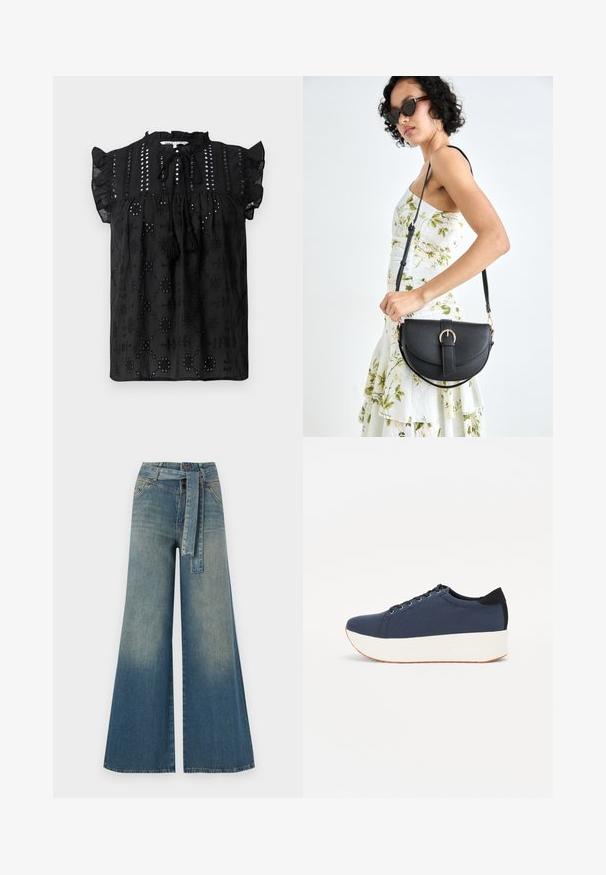 Fekete, rövid ujjú blúz, megkötött nyakkal, csipkés részletekkel és bojtos díszítéssel. Hímzett mintákkal és texturált anyaggal rendelkezik.; Bőszárú farmernadrág, világos és sötétkék árnyalatokkal, magas derekú, övgyűrűkkel és a nadrággal megegyező anyagú övvel. Textúrált farmer kivitel.; Sötétkék sportcipő, texturált szövet felsőrész, fehér platform talp, lekerekített orr és fekete sarok akcentussal. Hat fűzőlyuk található rajta.; Fekete bőrtáska ívelt formával, levehető pánttal és arany színű fémrészekkel. A táskán egy csattal díszített fedél található.