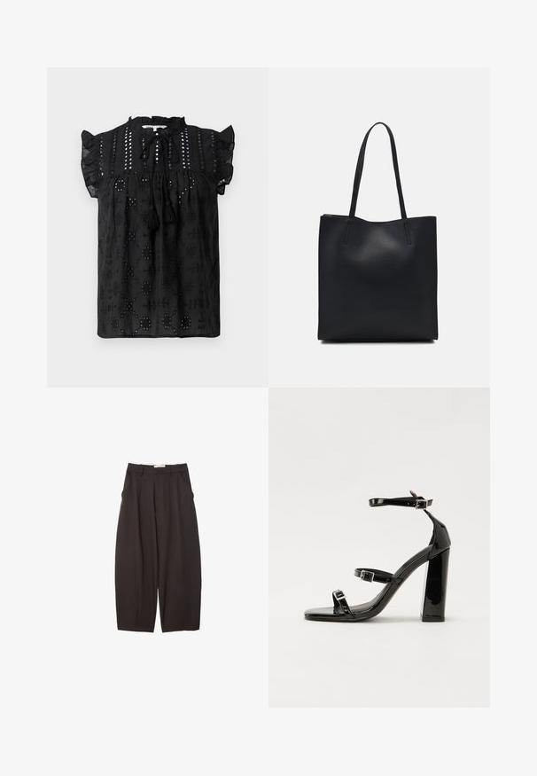 Czarna bluzka z krótkim rękawem, z zebranym dekoltem, koronkowymi detalami i akcentami frędzli. Posiada haftowane wzory i fakturowany materiał.; Czarne spodnie o szerokich nogawkach wykonane z gładkiego materiału, z wysokim stanem, plisami z przodu i bocznymi kieszeniami. Prosty fason bez zdobień.; Czarne lakierowane sandały na obcasie z kwadratowym noskiem, z paskami wokół kostki i srebrnymi klamrami. Posiadają masywny słupek dla stabilności.; Czarna skórzana torba tote o gładkiej fakturze, prostokątnym kształcie i dwóch długich uchwytach. Brak widocznych elementów metalowych i ozdób.
