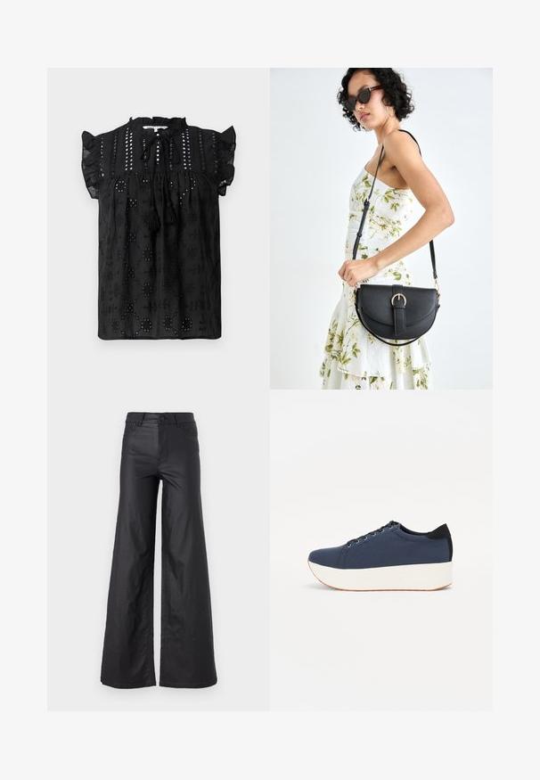 Blusa negra de manga corta con escote fruncido, detalles de encaje y acentos de borlas. Presenta patrones bordados y tejido texturizado.; Pantalones de pierna ancha en material de cuero sintético. Presentan una cintura alta, trabillas para cinturón, dos bolsillos delanteros y detalles de costura.; Zapatilla de color azul marino con parte superior de tejido texturizado, suela de plataforma blanca, punta redondeada y acento en el talón negro. Cuenta con seis ojales para los cordones.; Bolso de piel negra con forma curva, correa desmontable y herrajes dorados. El bolso cuenta con una solapa con un detalle de hebilla.