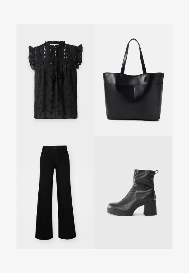 Crna majica kratkih rukava s naboranim izrezom, čipkastim detaljima i resicama. Ima izvezene uzorke i teksturiranu tkaninu.; Crne široke traperice s čvrstim pojasom, petljama za remen i prednjim džepovima. Gladak teksturirani materijal s klasičnim dizajnom.; Crne gležnjače od glatke kože, s bočnim zatvaračem, debelim teksturiranim potplatom i dizajnom s zaobljenim prstima.; Crna kožna torba s dugim ručkama, glatkom teksturom i strukturiranim oblikom. Ima prednju džep za dodatno pohranu.
