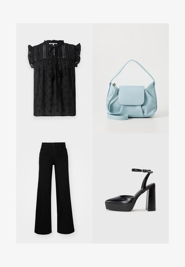 Crna majica kratkih rukava s naboranim izrezom, čipkastim detaljima i resicama. Ima izvezene uzorke i teksturiranu tkaninu.; Crne široke traperice s čvrstim pojasom, petljama za remen i prednjim džepovima. Gladak teksturirani materijal s klasičnim dizajnom.; Crne platforme s potpeticom s oštrim vrhom i podešivom naramenicom. Izrađene od glatke kože, s masivnom blok petom.; Svijetloplava kožna torba s gornjom drškom, prednjim džepom s preklopom i odvojivom narukvicom na bijeloj pozadini.