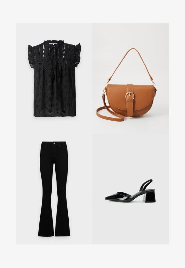 Fekete, rövid ujjú blúz, megkötött nyakkal, csipkés részletekkel és bojtos díszítéssel. Hímzett mintákkal és texturált anyaggal rendelkezik.; Fekete, magas derekú farmernadrág gomb- és cipzárzárral, elülső zsebekkel és harangszárral, laposan egy fehér háttérre terítve.; Fekete lakk bőr szandálkés magas sarkú cipő, hegyes orral és geometrikus tömbsarkakkal. Karcsú, minimalista dizájn és sima textúra jellemzi.; Barna bőr keresztbody táska ívelt formával, aranyszínű fémrészekkel és csat díszítéssel. Levehető vállpánttal rendelkezik.