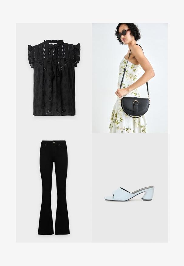 Zwarte blouse met korte mouwen, met een verzamelde halslijn, kantdetails en kwastaccenten. Heeft geborduurde patronen en een textuurstof.; Zwarte hoge taille jeans met een knoop- en ritssluiting, voorzakken en een flared pijp, plat gelegd op een witte achtergrond.; Lichtblauwe open teen hakmules met een geometrisch ontwerp, voorzien van een brede band over de voet en een forse, hoekige hak.; Zwarte leren handtas met een gebogen vorm, afneembare schouderband en gouden hardware. De tas heeft een klep met een gespsluiting.
