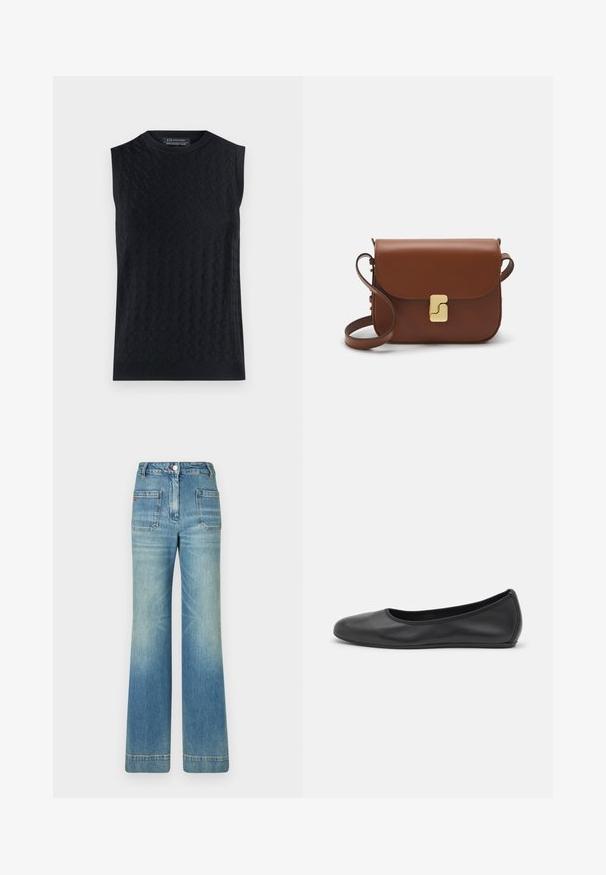 Maglione senza maniche nero con un motivo a diamante testurizzato, colletto e orlo a costine, realizzato in un morbido materiale a maglia.; T-shirt bianca a maniche corte realizzata in tessuto a costine. Collo rotondo, vestibilità regolare e dettagli di cucitura sottili. Senza motivi o grafiche.; Jeans a zampa d'elefante in denim azzurro chiaro con cinque tasche, passanti per cintura, chiusura con bottone e una trama leggermente sbiadita, caratterizzati da un dettaglio con logo rosso sul retro.; Pantofole da balletto nere in pelle con punta arrotondata, texture liscia, dettagli di cucitura minimi e design con suola flessibile.; Borsa a tracolla in pelle marrone con chiusura a pattina, hardware color oro, tracolla e una finitura liscia. Forma rettangolare compatta.