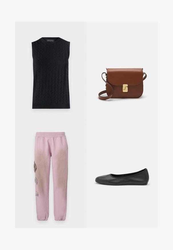 Maglione senza maniche nero con un motivo a diamante testurizzato, colletto e orlo a costine, realizzato in un morbido materiale a maglia.; T-shirt bianca a maniche corte realizzata in tessuto a costine. Collo rotondo, vestibilità regolare e dettagli di cucitura sottili. Senza motivi o grafiche.; Pantaloni della tuta rosa con vita elastica, caratterizzati da toppe decorative a forma di diamante sul lato sinistro e polsini elastici alle caviglie.; Pantofole da balletto nere in pelle con punta arrotondata, texture liscia, dettagli di cucitura minimi e design con suola flessibile.; Borsa a tracolla in pelle marrone con chiusura a pattina, hardware color oro, tracolla e una finitura liscia. Forma rettangolare compatta.