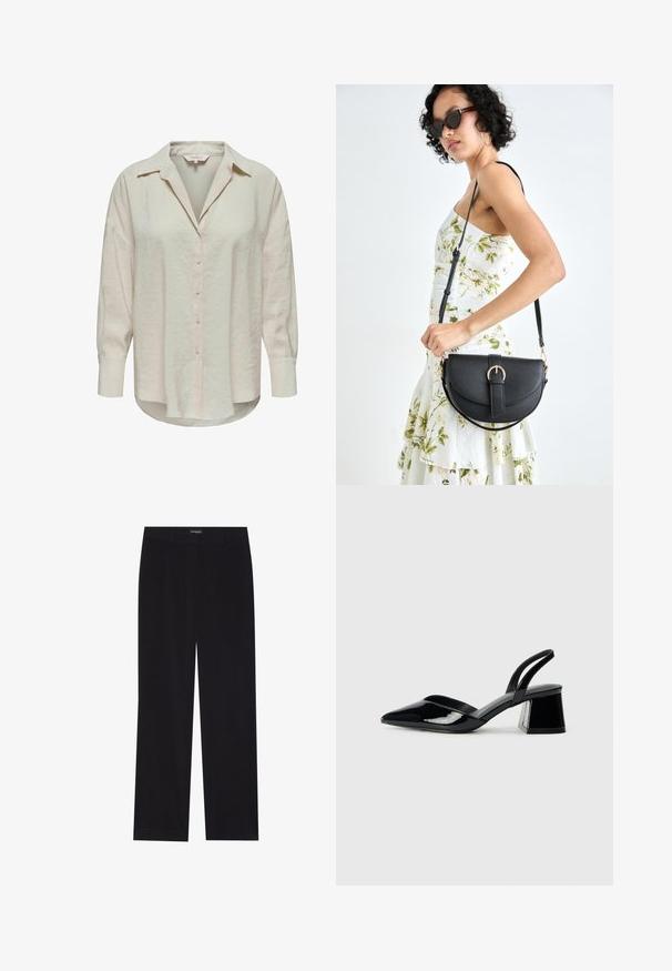Light beige button-up shirt with a collar, long sleeves, and a slightly textured fabric. Features a curved hem and front buttons.; Black corduroy trousers with a straight cut, featuring a flat waistband and no visible pockets, smooth texture, and vertical ribbing detail.; Black patent leather slingback heels with a pointed toe and a geometric block heel. Features a sleek, minimal design and smooth texture.; Black leather handbag with a curved shape, detachable strap, and gold hardware. The bag features a flap with a buckle detail.
