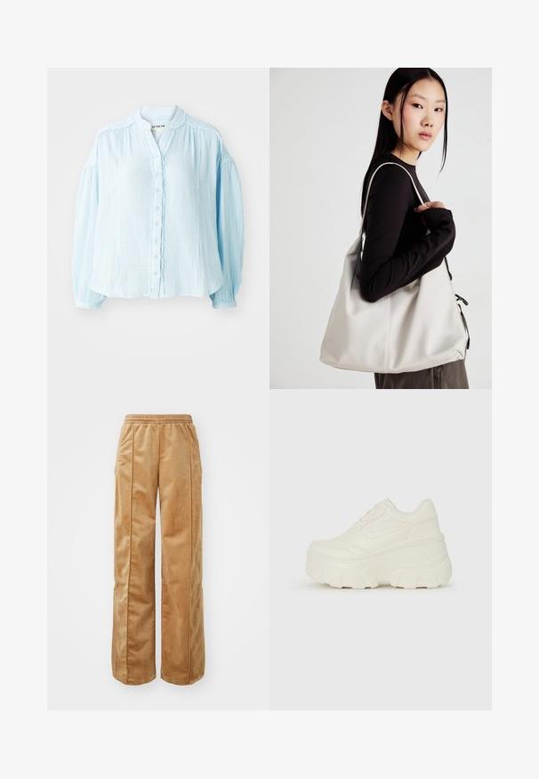 Camisa azul clara com botões, tecido texturizado, decote redondo, mangas longas com efeito balão, detalhes em babados ao longo da pala dos botões e punhos.; Calças largas em tom bege feitas de um material suave e aveludado. Apresentam uma cintura elástica e costuras verticais na frente para um detalhe adicional.; Tênis brancos de plataforma com um cabedal suave semelhante a couro, formato arredondado, colarinho acolchoado e sola de borracha texturizada com ranhuras bem definidas.; Uma bolsa bege feita de material macio, com um design descontraído, detalhes de costura e duas alças para o ombro. Adequada para uso diário.