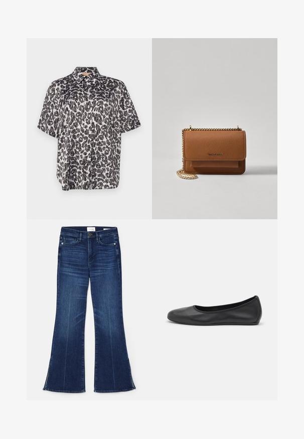 Short-sleeve shirt in a black and white leopard print pattern, featuring a collar and a loose fit. Smooth fabric with a subtle sheen.; Dark blue flared jeans made from denim. Features a high waist, front pockets, and slit details at the hem. Classic five-pocket design.; Black leather ballet flat with a rounded toe, smooth texture, minimal stitching detail, and a flexible sole design.; Brown textured leather crossbody bag with gold chain strap and flap closure. Front features logo detail and a pocket under the flap.
