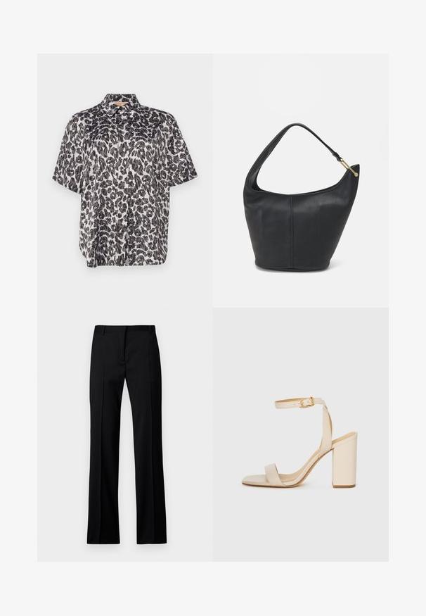 Kortermet skjorte i et svart og hvitt leopardmønster, med krage og en løs passform. Glatt stoff med en subtil glans.; Svarte rettloved bukser i glatt stoff, med flat front, beltefester og ingen synlige lommer eller utsmykninger.; Beige høyhælte sandaler med firkantet tå, tynn ankelrem og blokk hæl. Glatt skinntekstur med gullspenne detaljer.; Svart lærveske med en rund form, bred stropp og strukturert overflate. Har en subtil sømdetalj og gullfarget beslag.