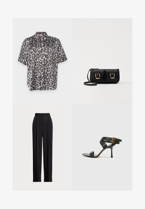 Camicia a maniche corte con stampa leopardata bianca e nera, dotata di colletto e vestibilità ampia. Tessuto morbido con una leggera lucentezza.; Pantaloni neri su misura a vita alta, con pieghe frontali, design a gamba dritta e orlo con risvolto. Realizzati in tessuto morbido.; Sandal nero con tacco a spillo, straps incrociati e fibbia regolabile. Presenta una texture liscia e un tacco affusolato.; Borsa a tracolla nera in pelle con due tasche frontali, fibbie dorate, chiusura con zip e una tracolla sottile. Superficie texturizzata e forma rettangolare compatta.