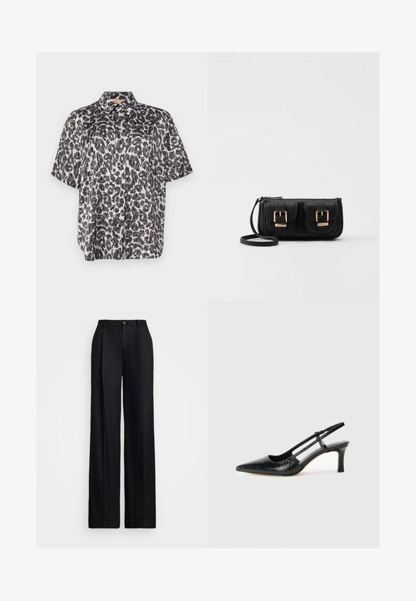 Short-sleeve shirt in a black and white leopard print pattern, featuring a collar and a loose fit. Smooth fabric with a subtle sheen.; Black wide-leg trousers featuring a smooth finish, flat front, belt loops, and a single button closure at the waist.; Black patent slingback heel with a pointed toe, featuring textured snake print, adjustable strap, and a short, textured block heel.; Black leather crossbody bag with two front pockets, gold buckles, zipper closure, and a slim strap. Textured surface and compact rectangular shape.