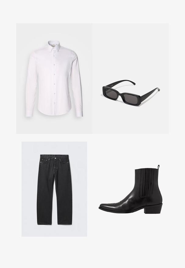Baltas ilgas rankovėmis marškinis, pagamintas iš lygaus audinio, su mygtukų apykakle, turintis pilną mygtukų eilę ir apvalią apvadu.; Juodos džinsinės kelnės su tiesiu kirpimu, turinčios mygtukų užtrauktuką, penkias kišenes ir vario spalvos detales. Praeities tekstūra.; Juodas odinis kulkšninis botas su smailiu pirštu, elastingomis šoninėmis dalimis, vertikaliu siuvinėjimu ir žemu stačiakampiu kulnu.; Juodos stačiakampės saulės akiniai su tamsiais lęšiais, blizgiu paviršiumi, plačiomis kojelėmis ir masyviu rėmeliu. Ant vienos kojelės yra išgraviruotas prekės ženklas.