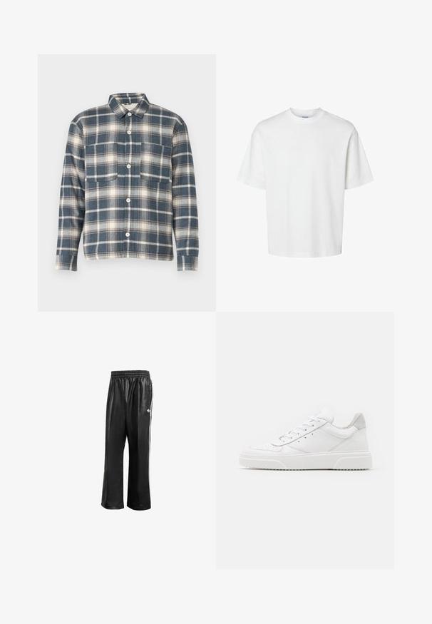 Kék és fehér kockás pamut flanel ing, hegyes gallérral, gombos záródással és két elülső zsebbel.; Fehér pamut póló rövid ujjakkal, kerek nyakkivágással és laza szabással. Simább textúra, látható minták vagy kiegészítők nélkül.; Fekete szintetikus tréningnadrág elasztikus derékkal, fehér oldalcsíkokkal és egy kis fehér logóval a bal csípőn.; Fehér bőr sportcipő sima felülettel, kerek orral, lapos fűzőkkel és textúrált talppal. Szürke velúr díszítés a saroknál.