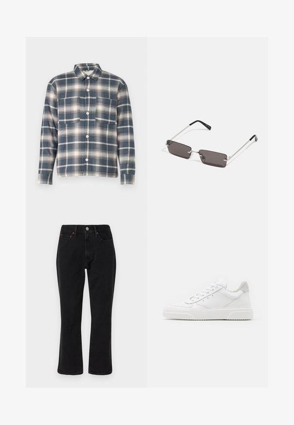 Medvilninė flanelinė marškinė su mėlyna ir balta languota raštu, su smailiu apykakle, sagčių uždarymu ir dviem priekinėmis kišenėmis.; Juodi džinsai išdenimo, tiesaus kirpimo, su penkiomis kišenėmis ir metalinėmis detalėmis su vario akcentais. Glotni tekstūra ir vidutinė liemens linija.; Balti odiniai sportbačiai su lygiu paviršiumi, apvaliu pirštu, plokščiomis raištelėmis ir struktūrizuota padu. Pilko zimšo akcentas ant kulno.; Akiniai nuo saulės su stačiakampiais, tamsiai pilkais lęšiais, sidabriniais metaliniais rėmeliais ir juodais plastikiniais galiukais. Lengvas dizainas su nosies pagalvėlėmis.